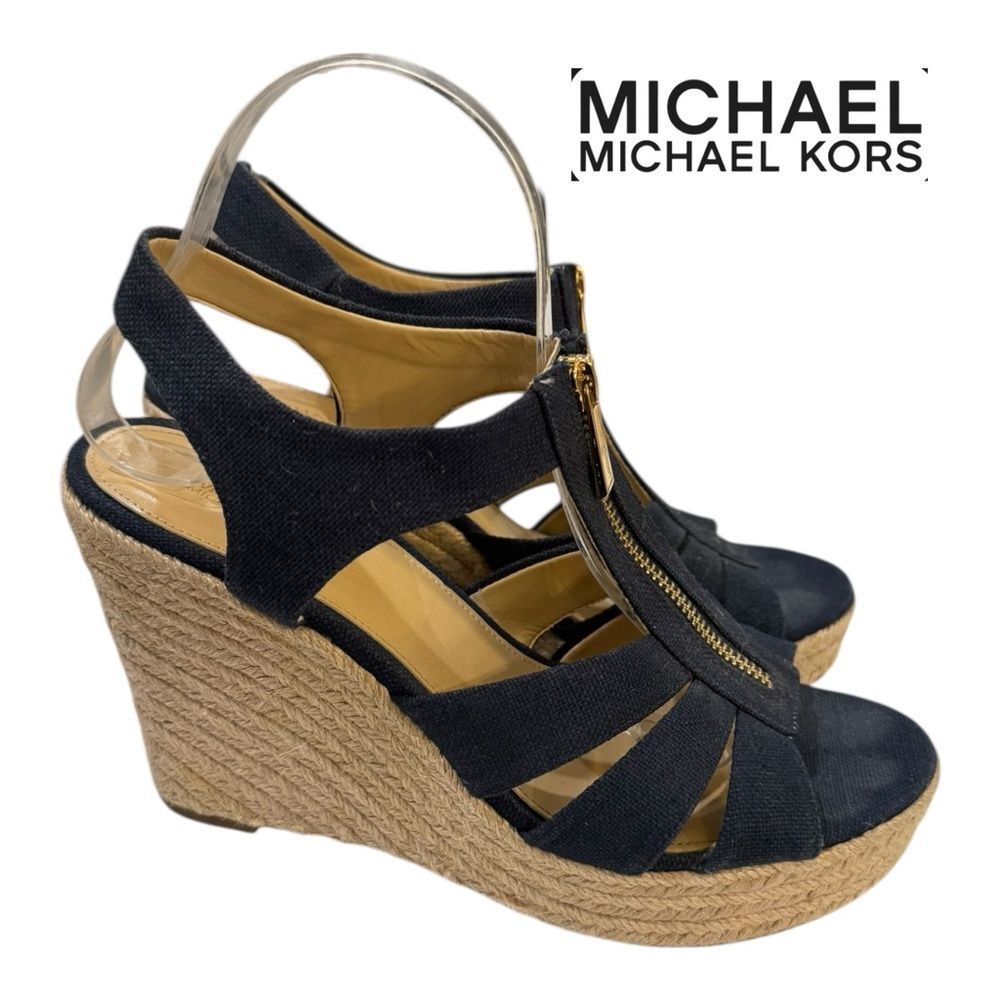 Michael Kors Damita Navy Espadrille Wedge Zipper Closure Wedge Heel Sandals 9